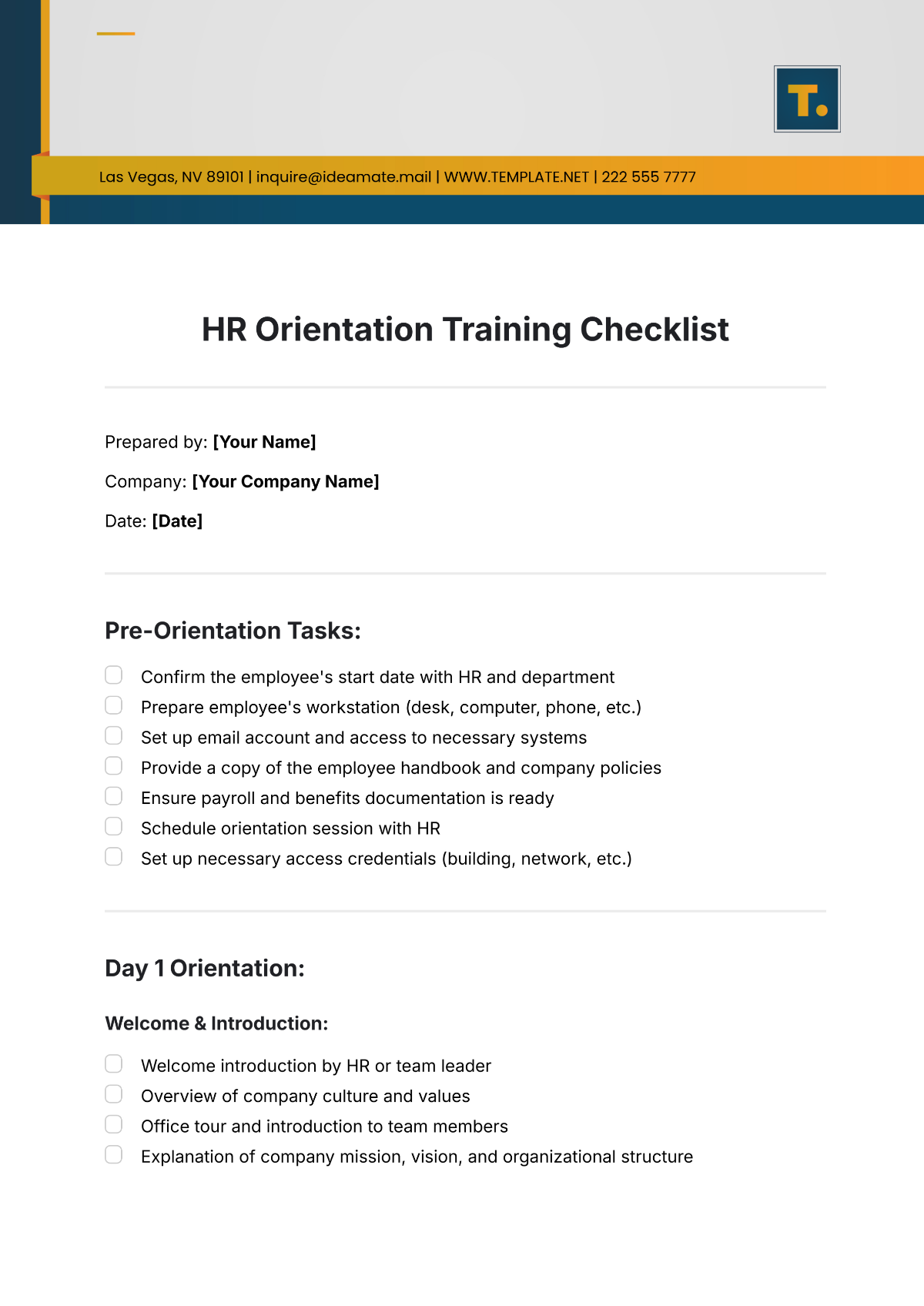 HR Orientation Training Checklist Template - Edit Online & Download