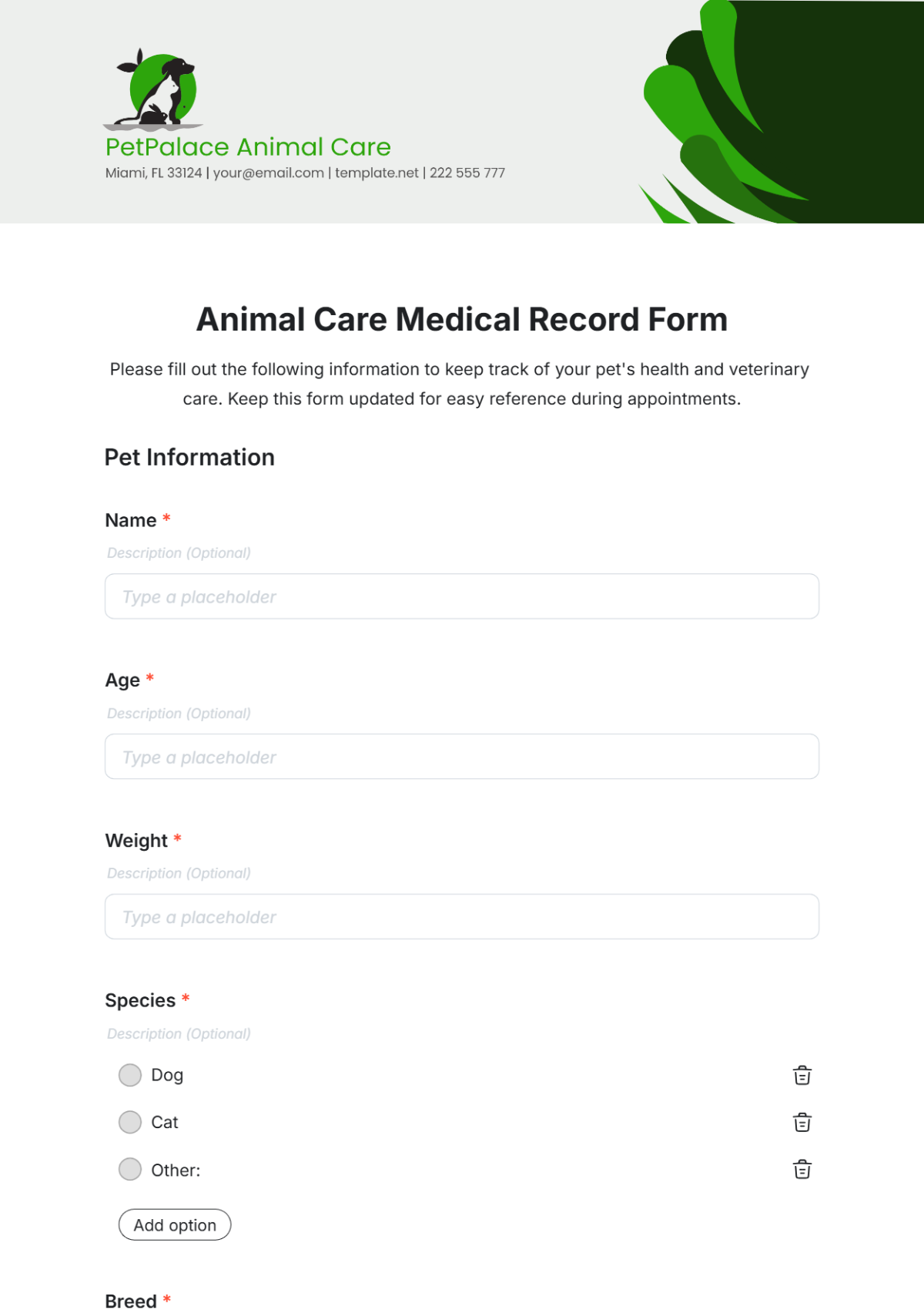 Animal Care Medical Record Form Template - Edit Online & Download