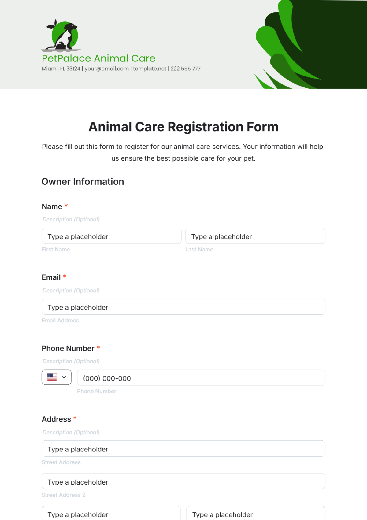 Animal Care Registration Form Template - Edit Online & Download