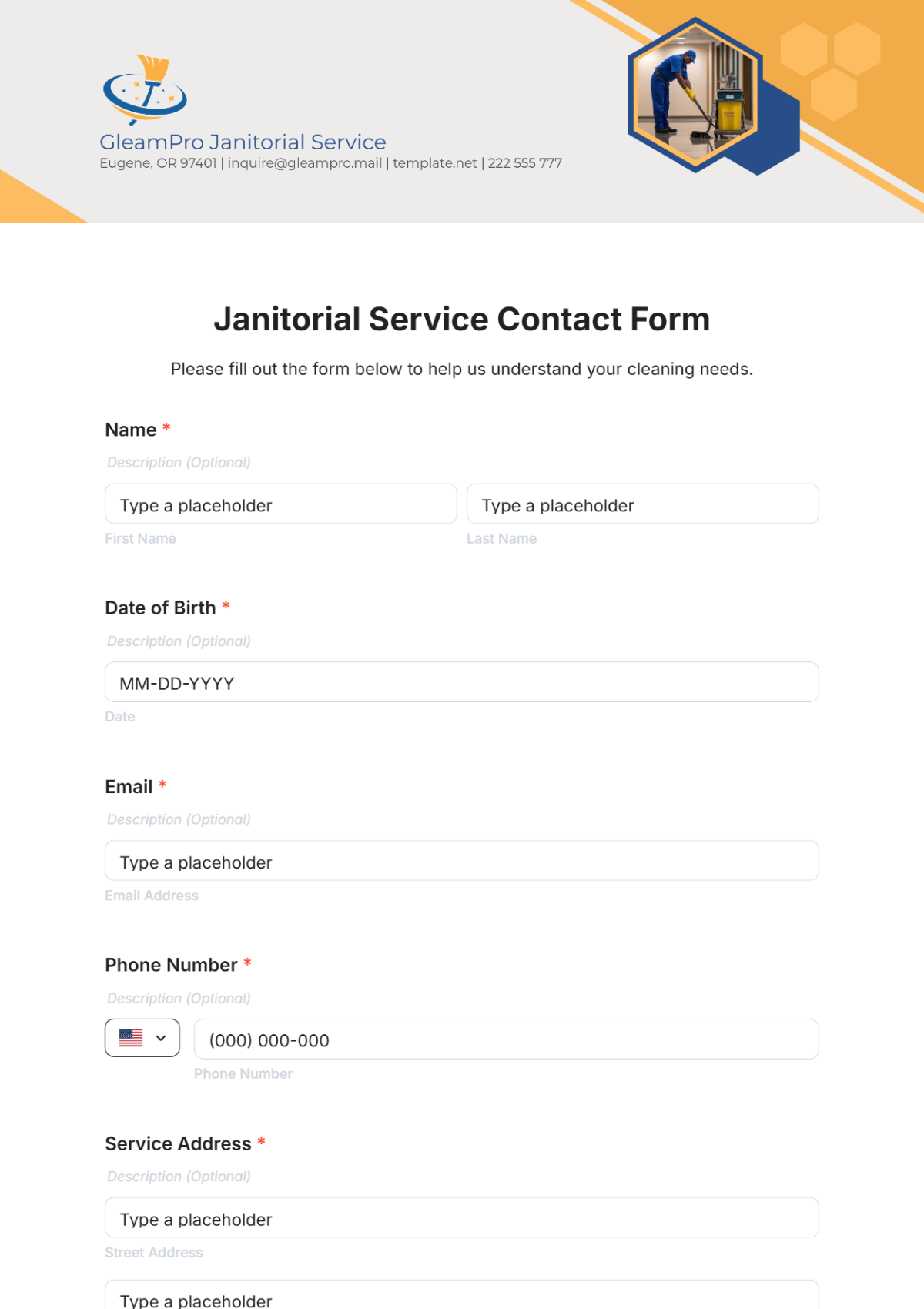 Janitorial Service Contact Form Template - Edit Online & Download