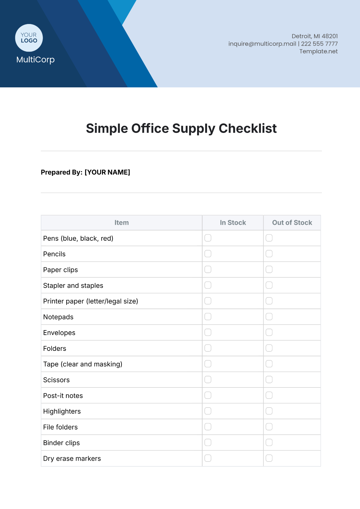 Simple Office Supply Checklist Template - Edit Online & Download