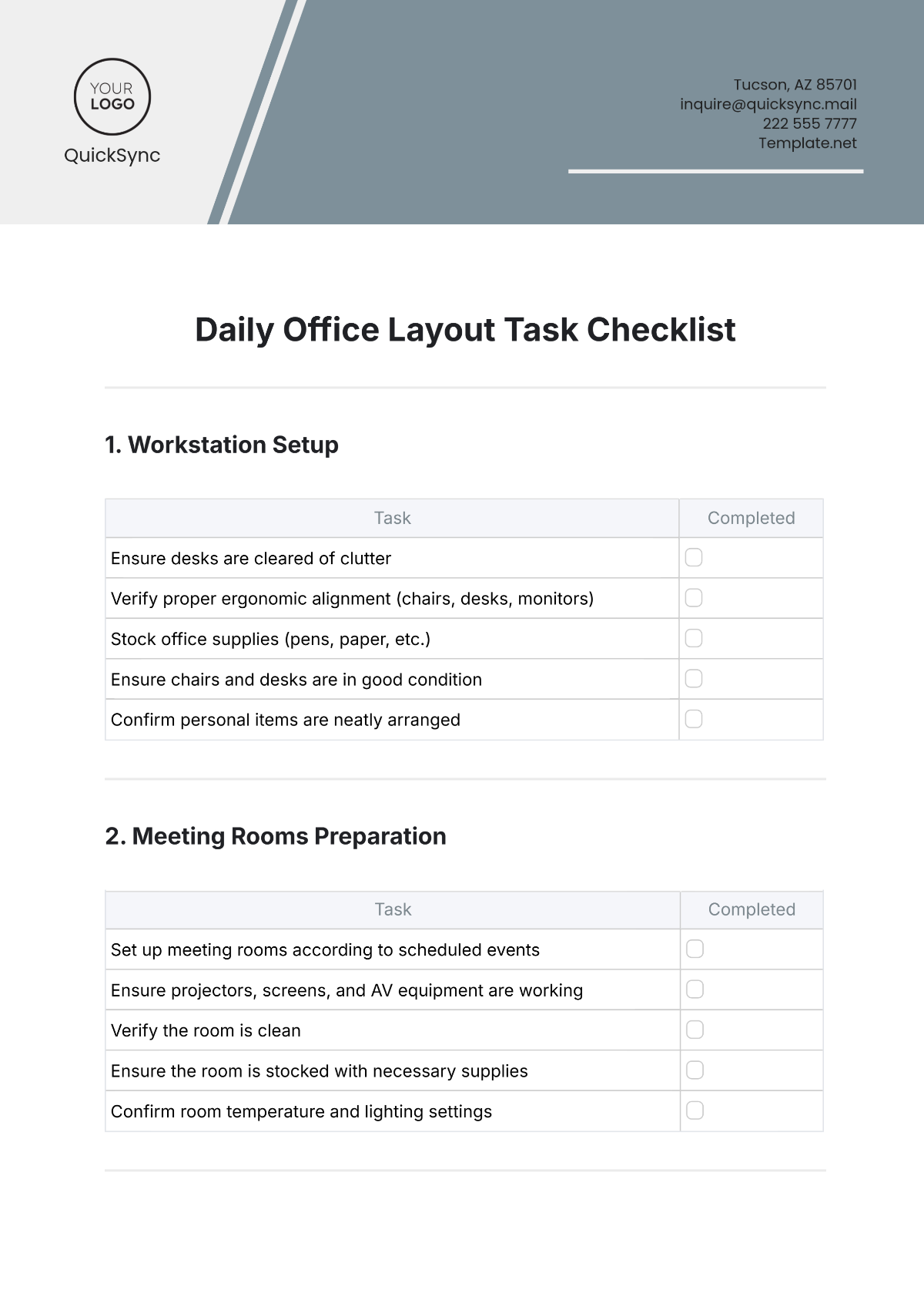 Daily Office Layout Task Checklist Template - Edit Online & Download