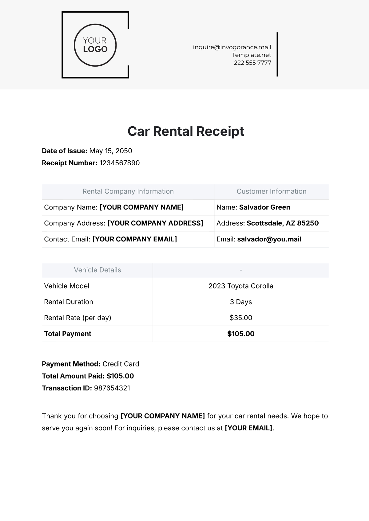 Car Rental Receipt Template - Edit Online & Download