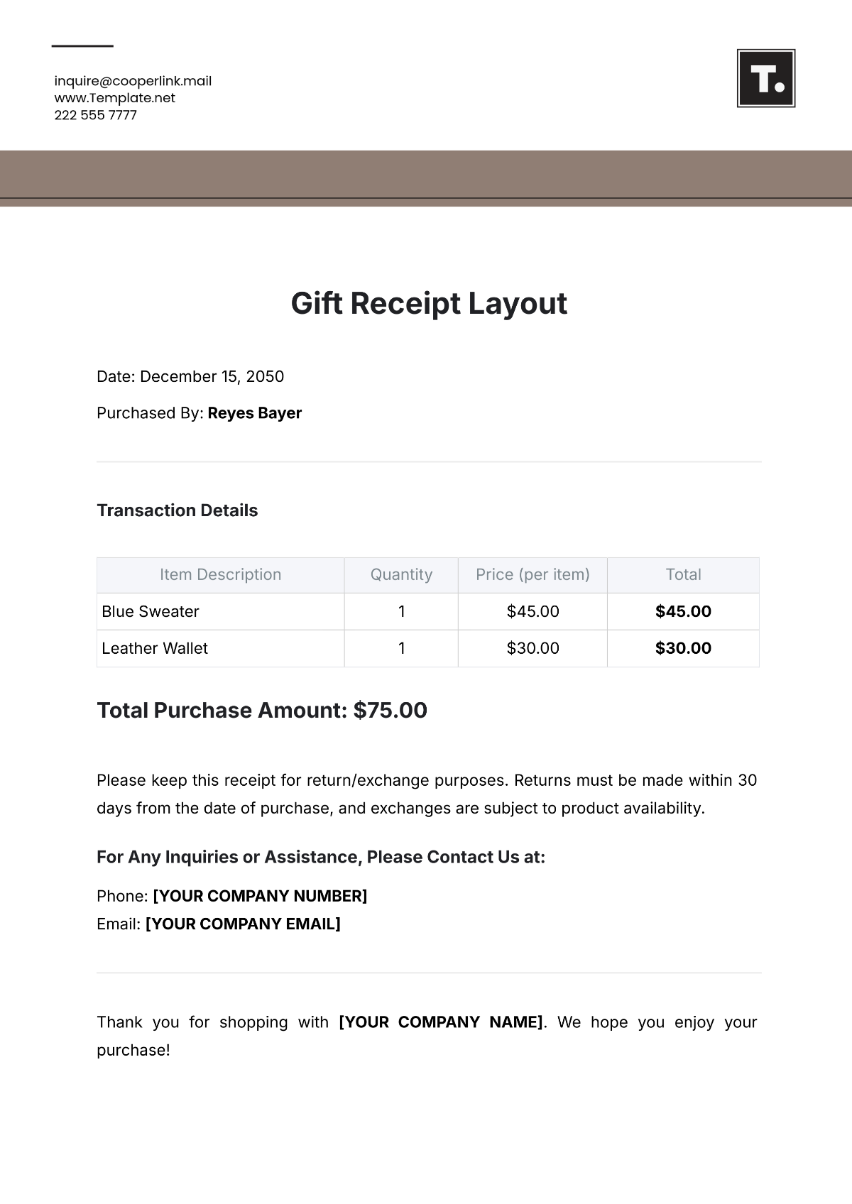 Gift Receipt Layout Template - Edit Online & Download