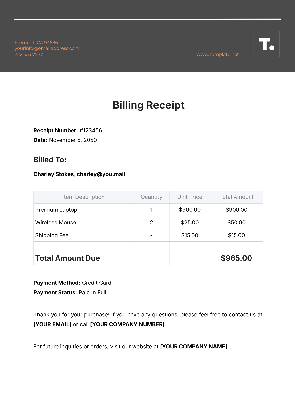 Billing Receipt Template - Edit Online & Download