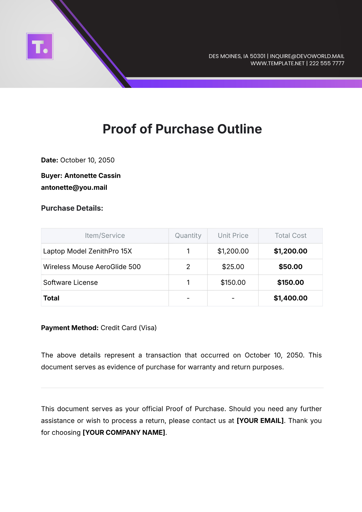 Proof of Purchase Outline Template - Edit Online & Download