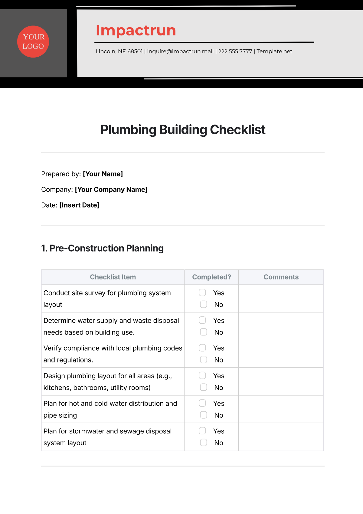 Plumbing Building Checklist Template - Edit Online & Download