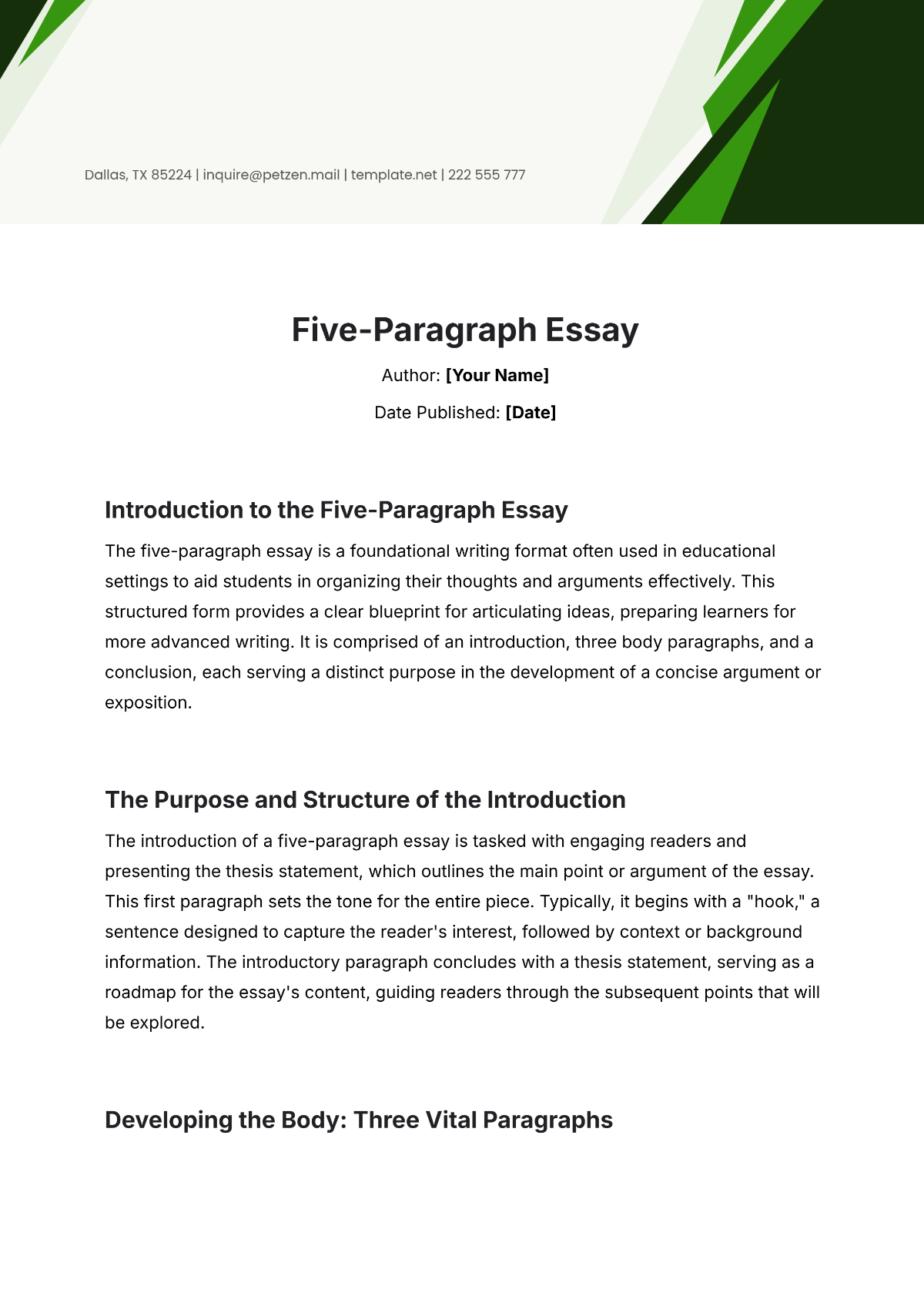 Five-Paragraph Essay Template - Edit Online & Download