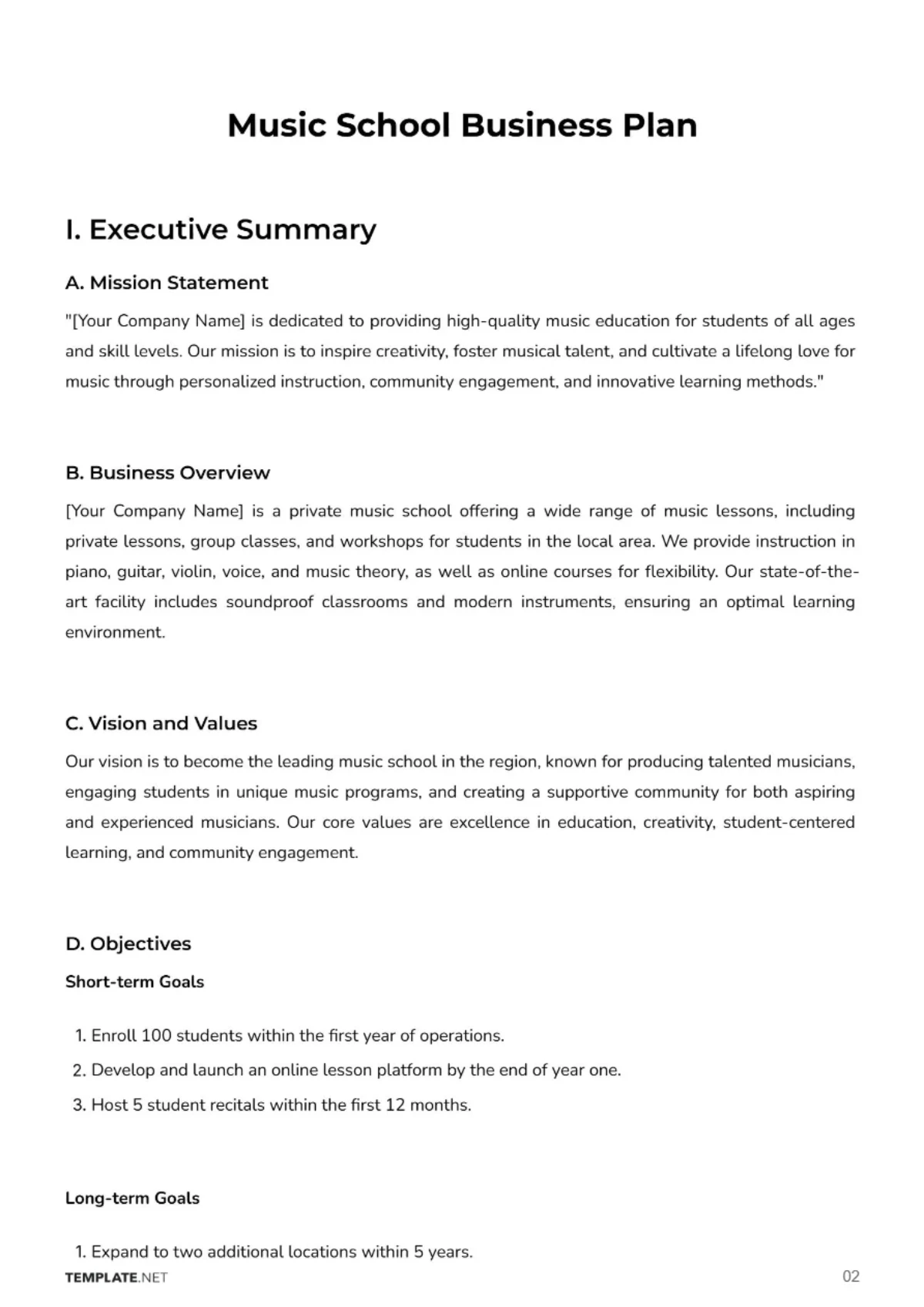 Free Music School Business Plan Template to Edit Online