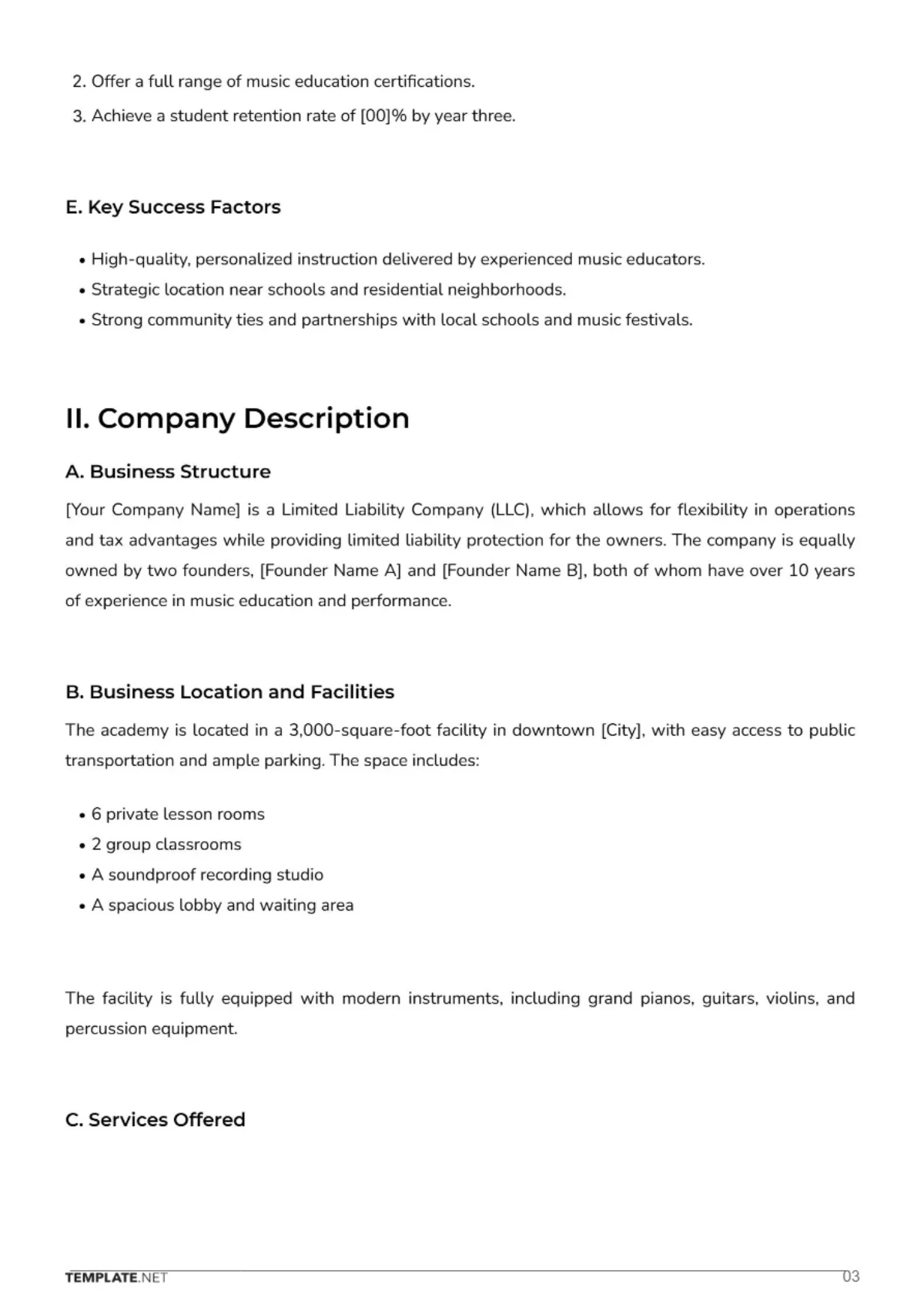 Free Music School Business Plan Template to Edit Online