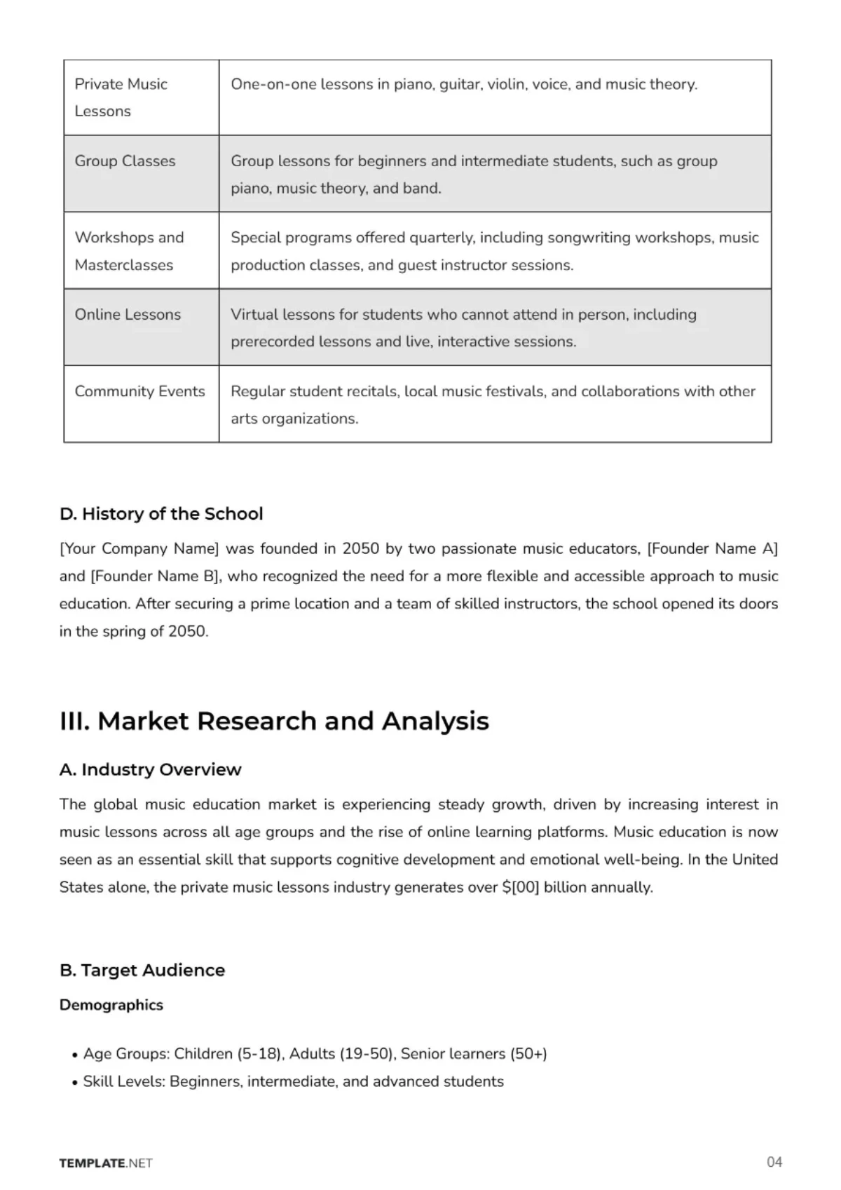 Free Music School Business Plan Template to Edit Online