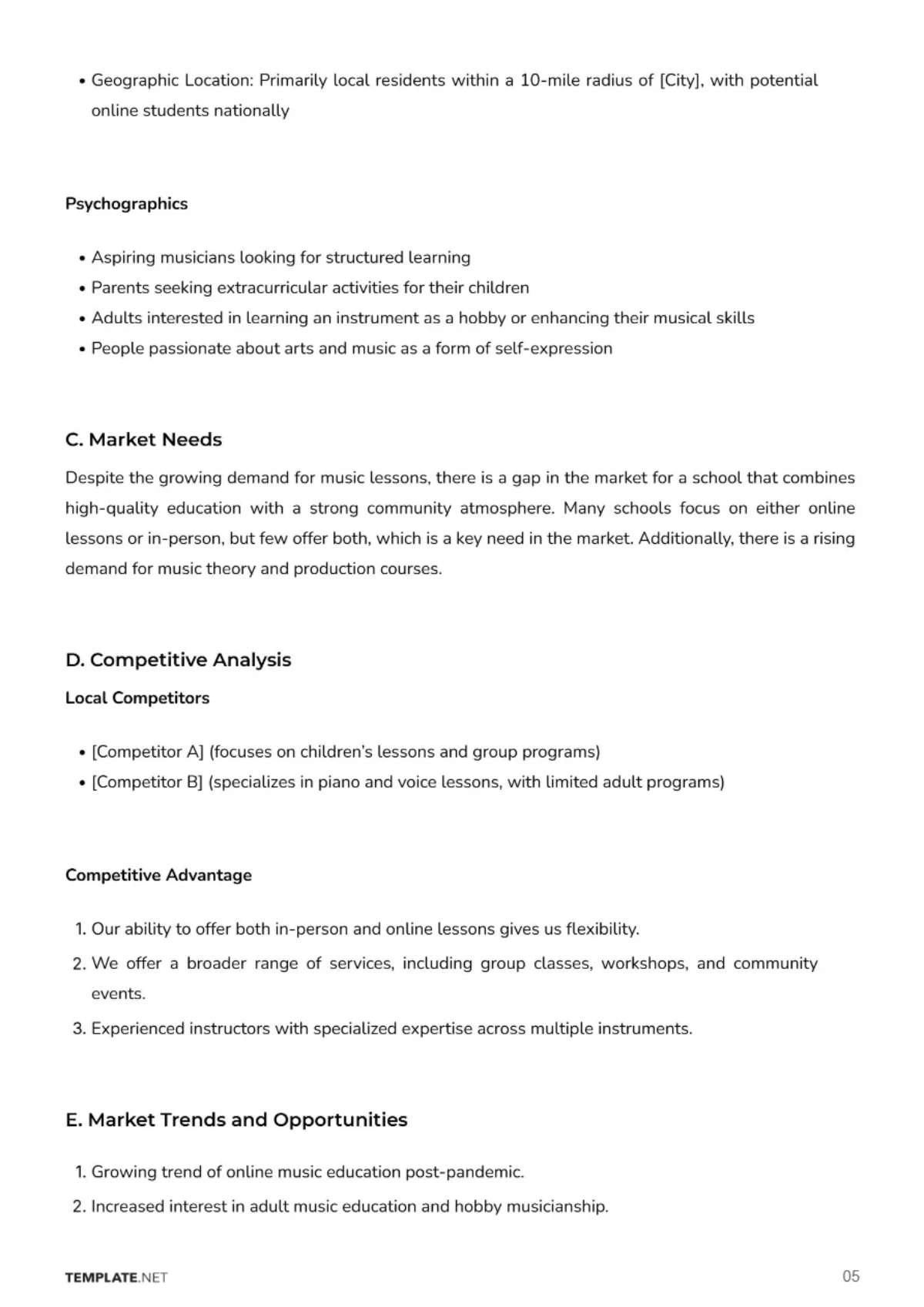 Free Music School Business Plan Template to Edit Online