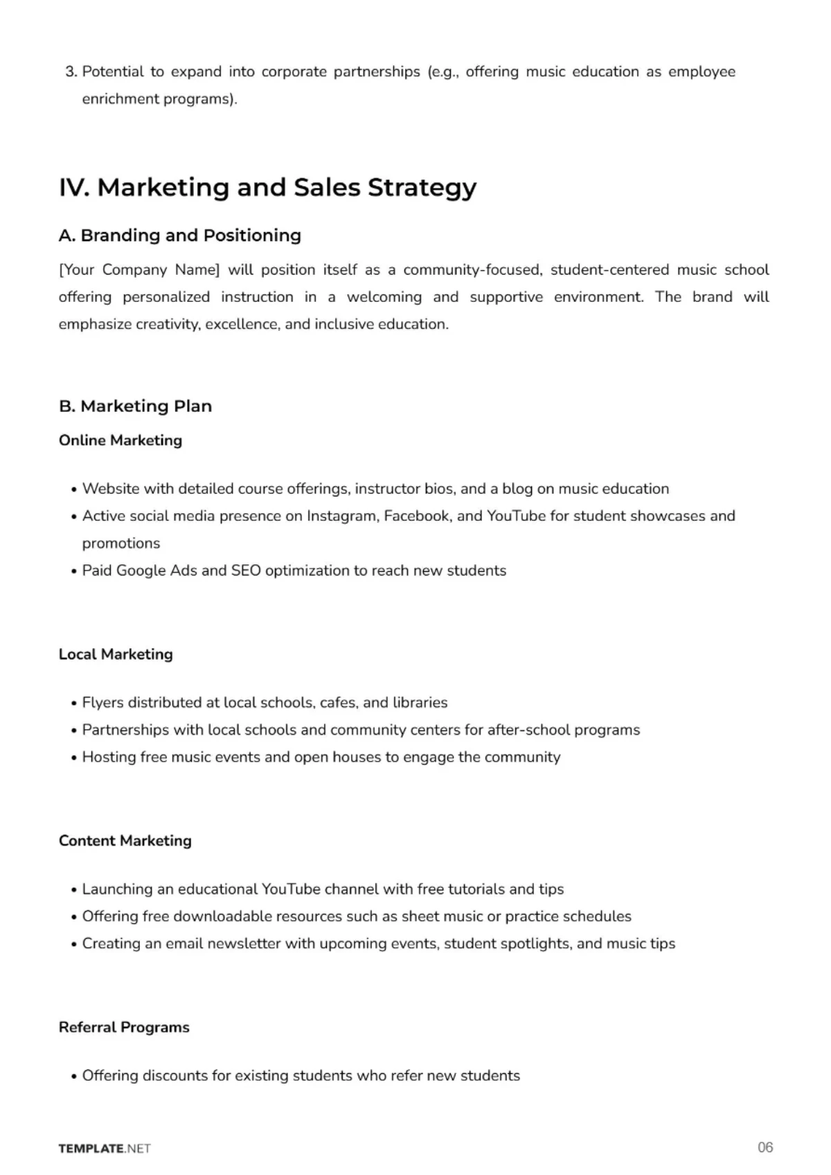 Free Music School Business Plan Template to Edit Online