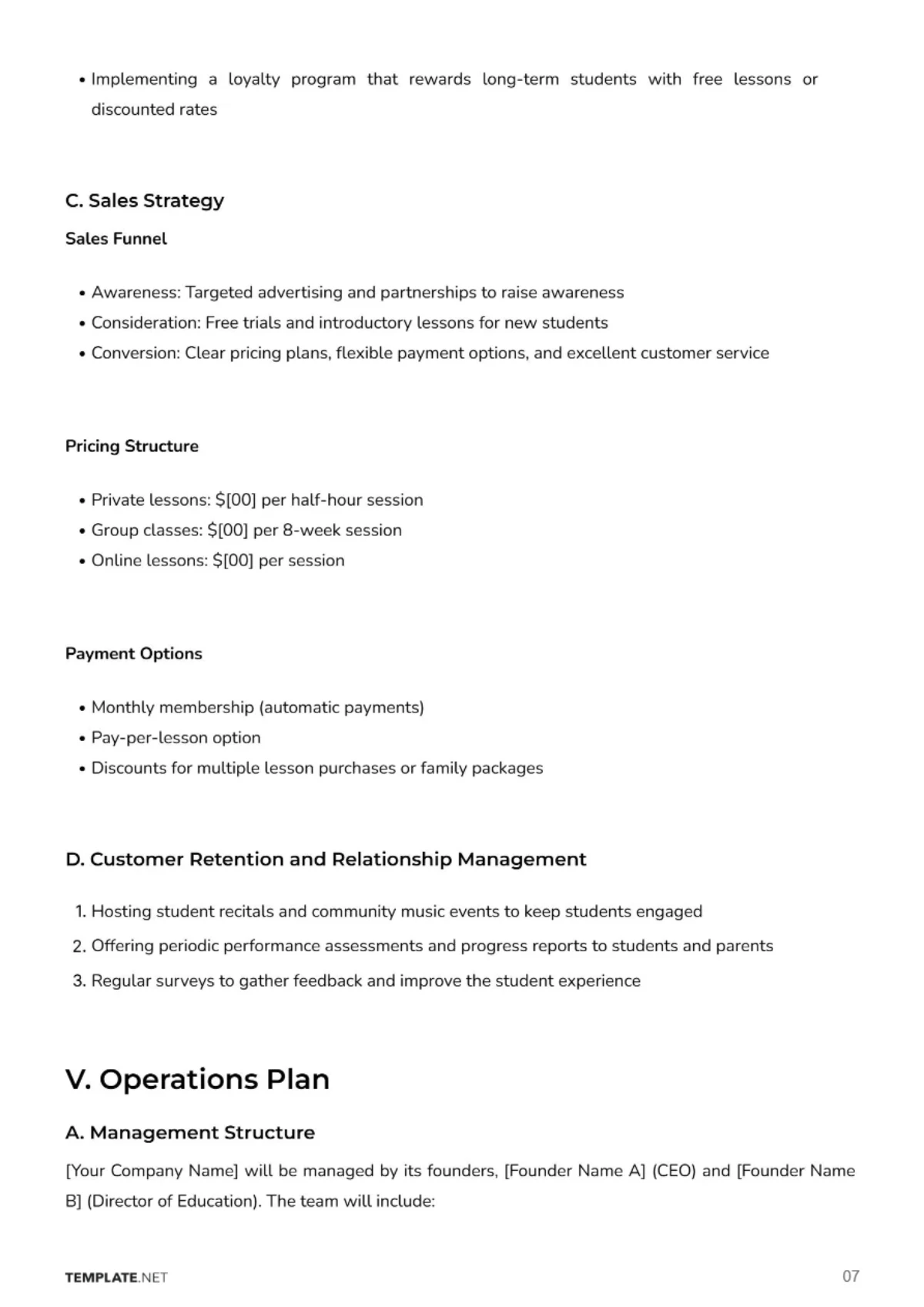 Free Music School Business Plan Template to Edit Online