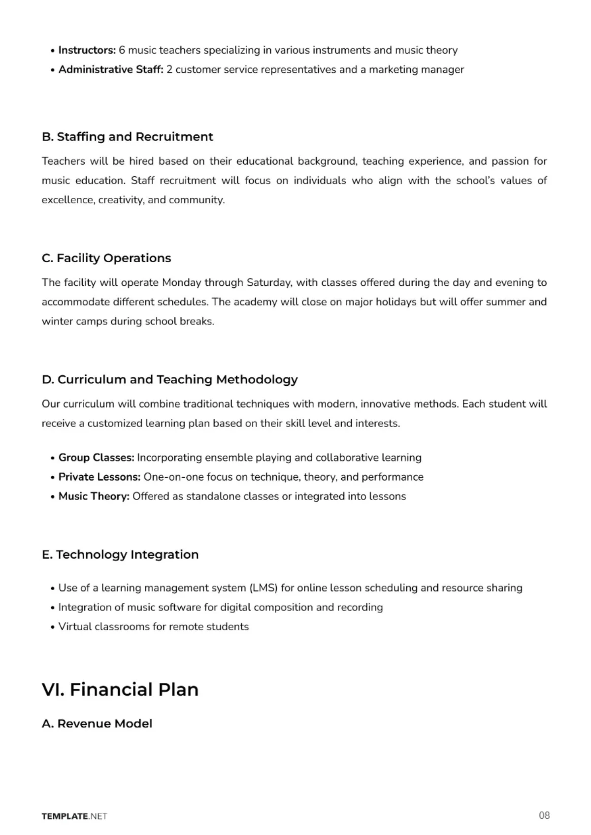 Free Music School Business Plan Template to Edit Online