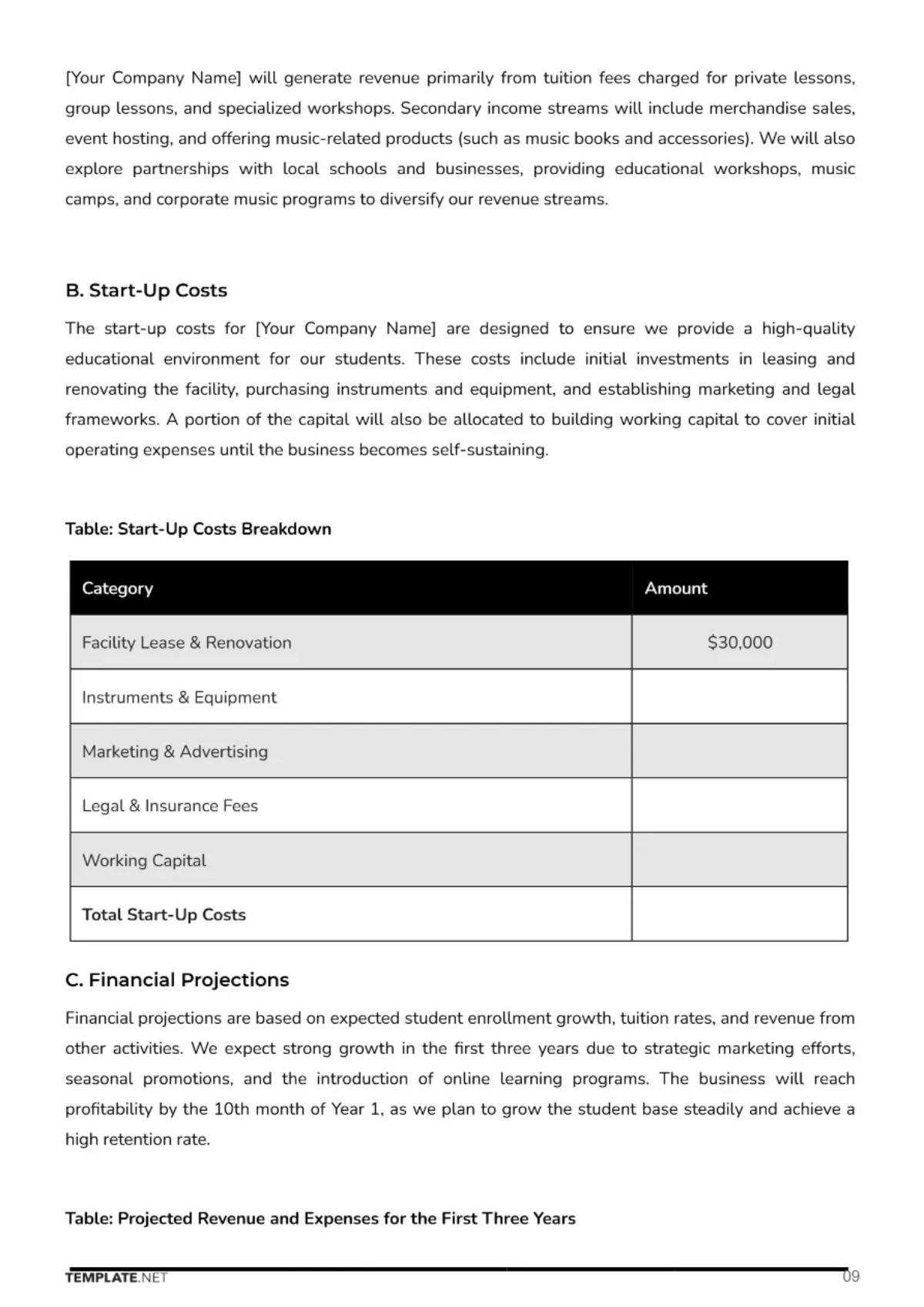 Free Music School Business Plan Template to Edit Online