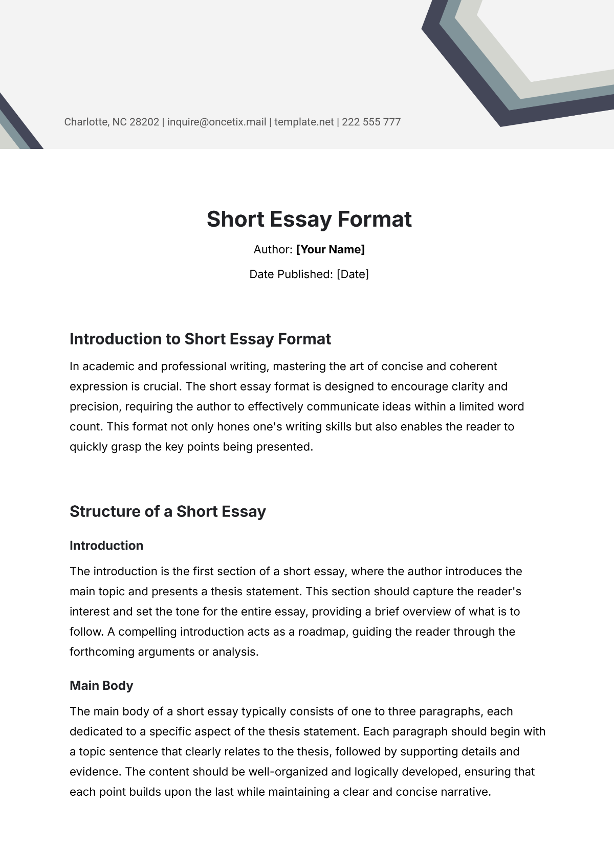 Short Essay Format Template - Edit Online & Download