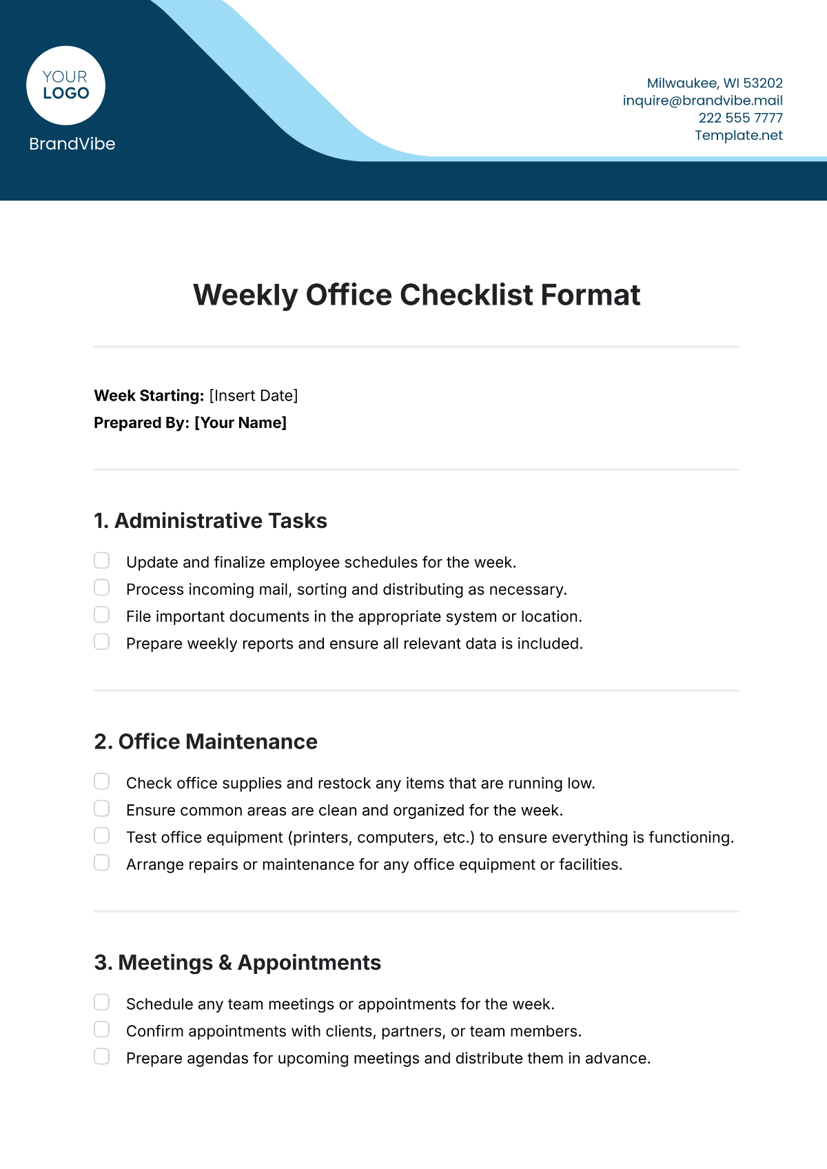 Weekly Office Checklist Format Template - Edit Online & Download