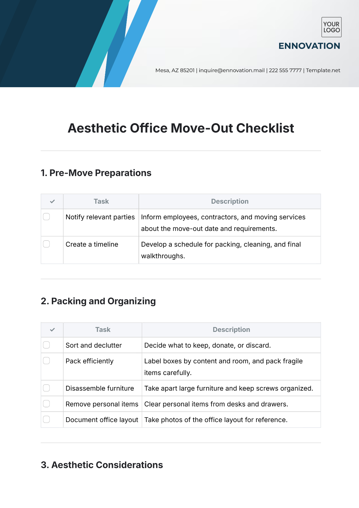 Aesthetic Office Move-Out Checklist Template - Edit Online & Download