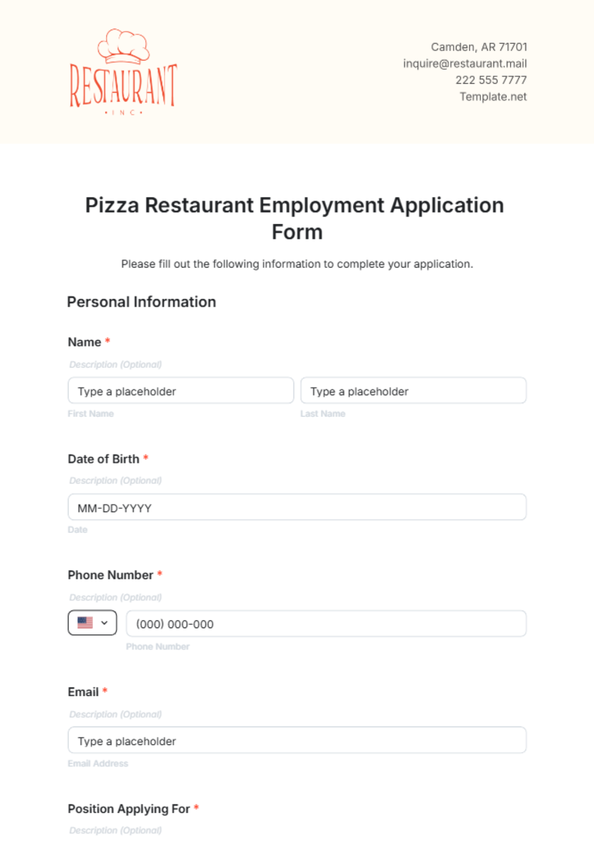 Pizza Restaurant Employment Application Form Template - Edit Online & Download