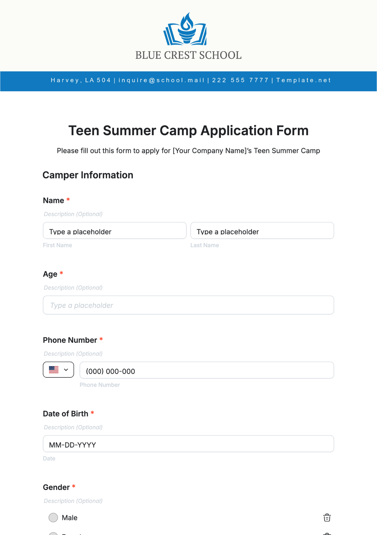 Teen Summer Camp Application Form Template - Edit Online & Download