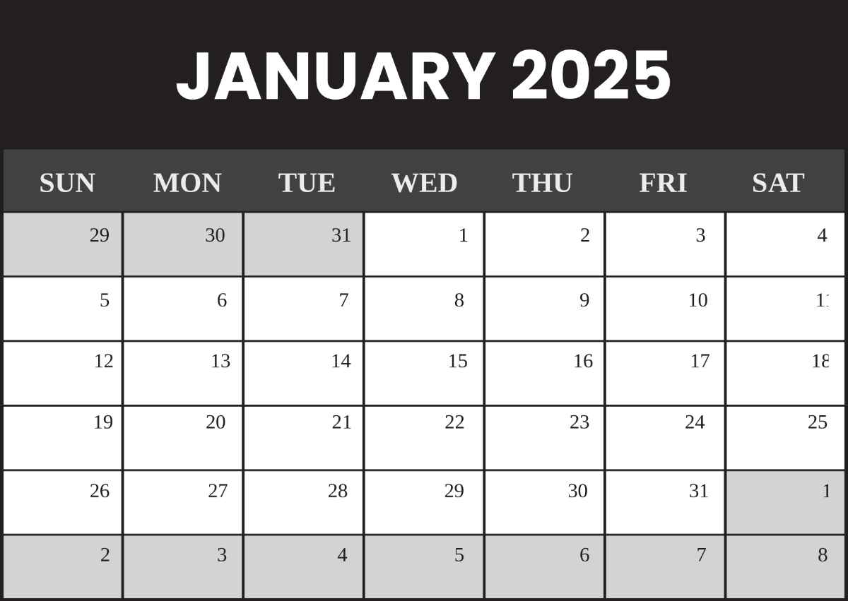 Black and White January 2025 Calendar