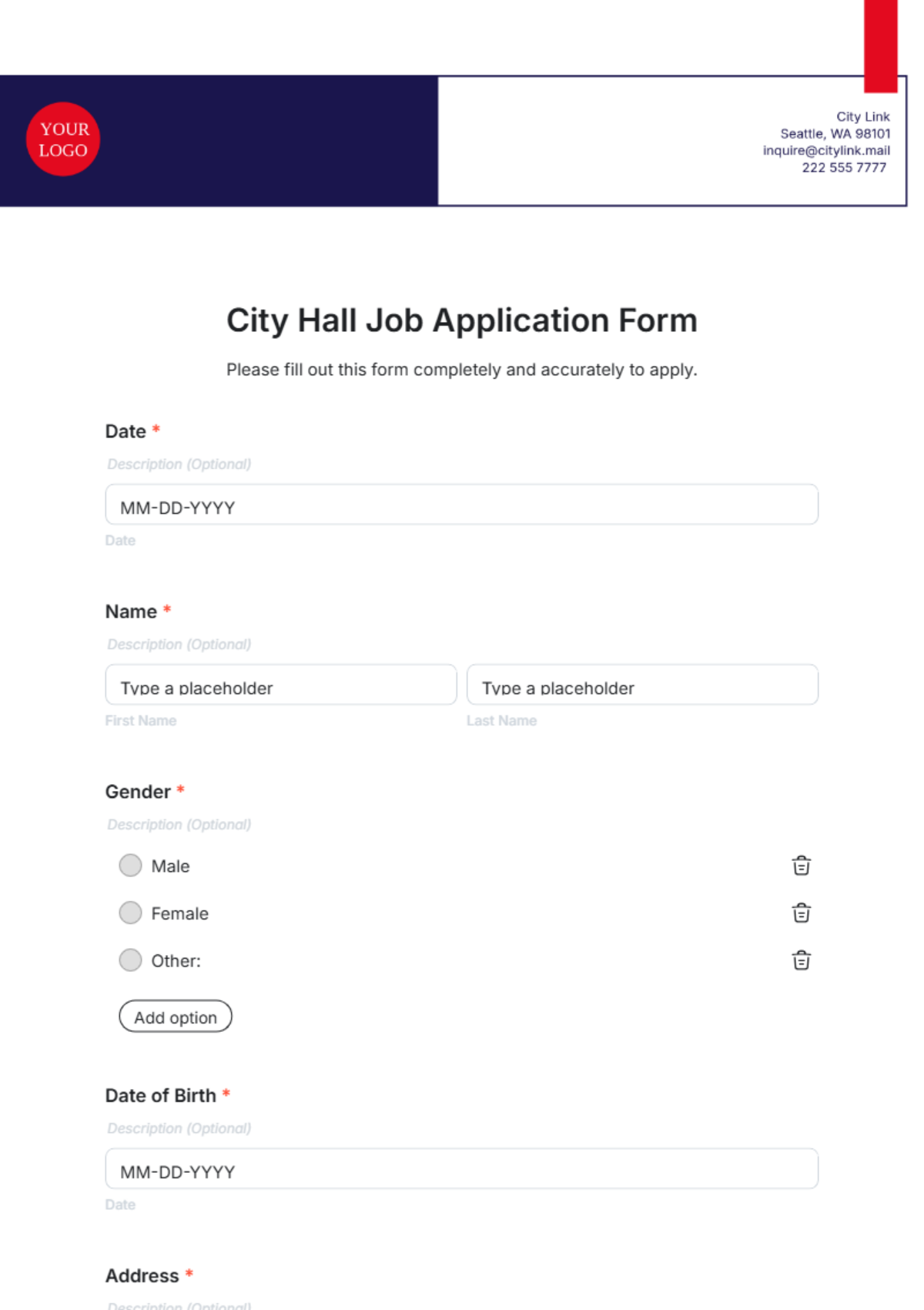 City Hall Job Application Form Template - Edit Online & Download