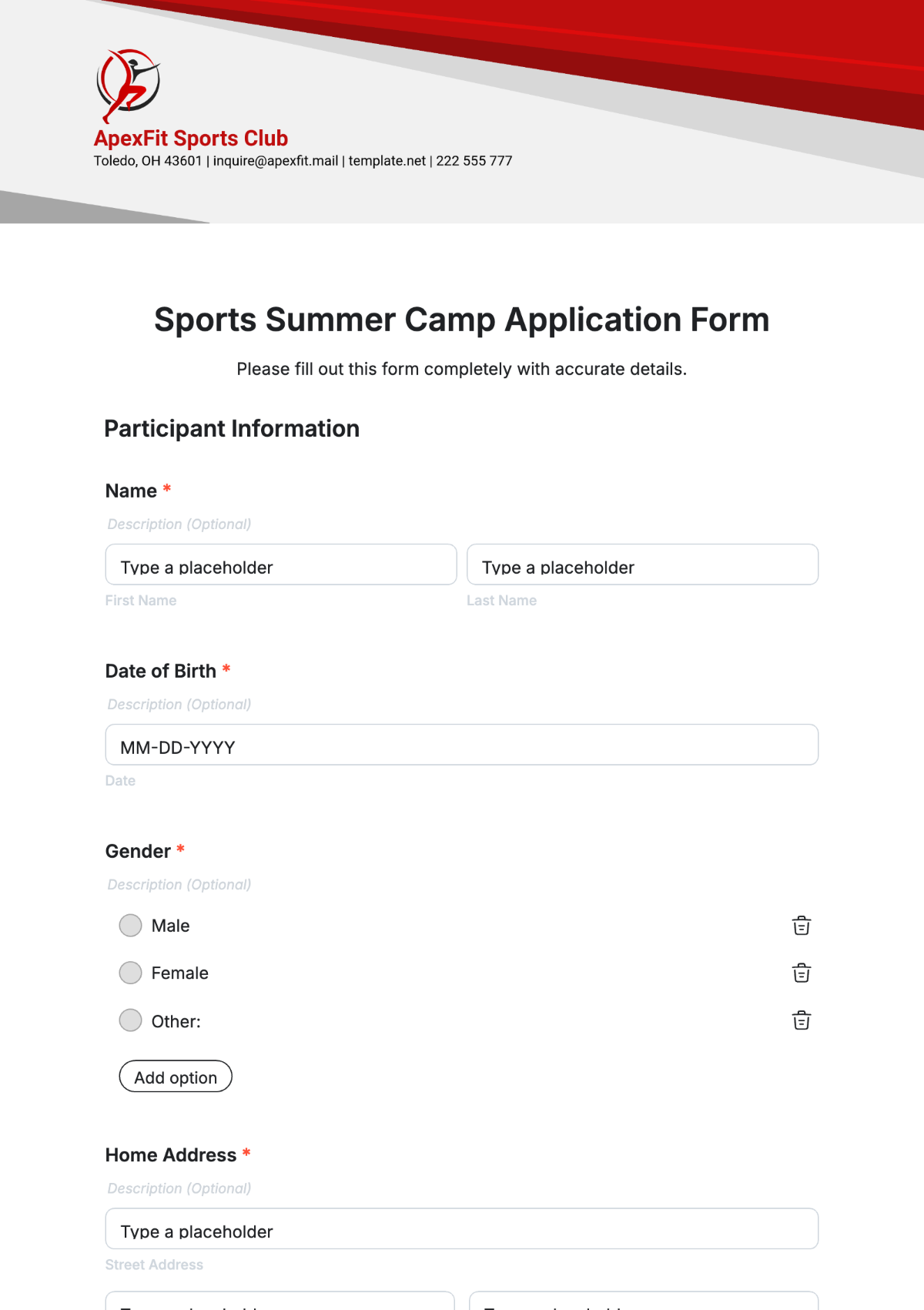 Sports Summer Camp Application Form Template - Edit Online & Download