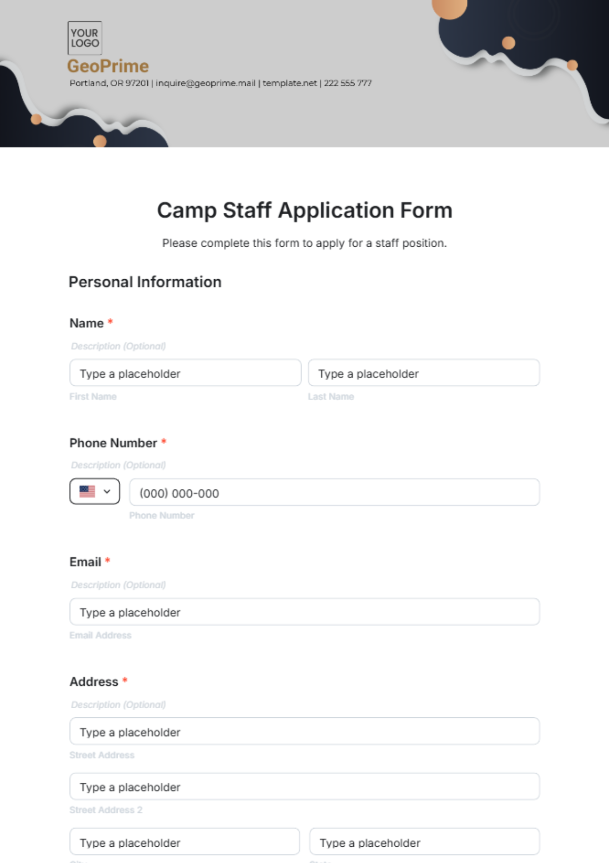 Camp Staff Application Form Template - Edit Online & Download