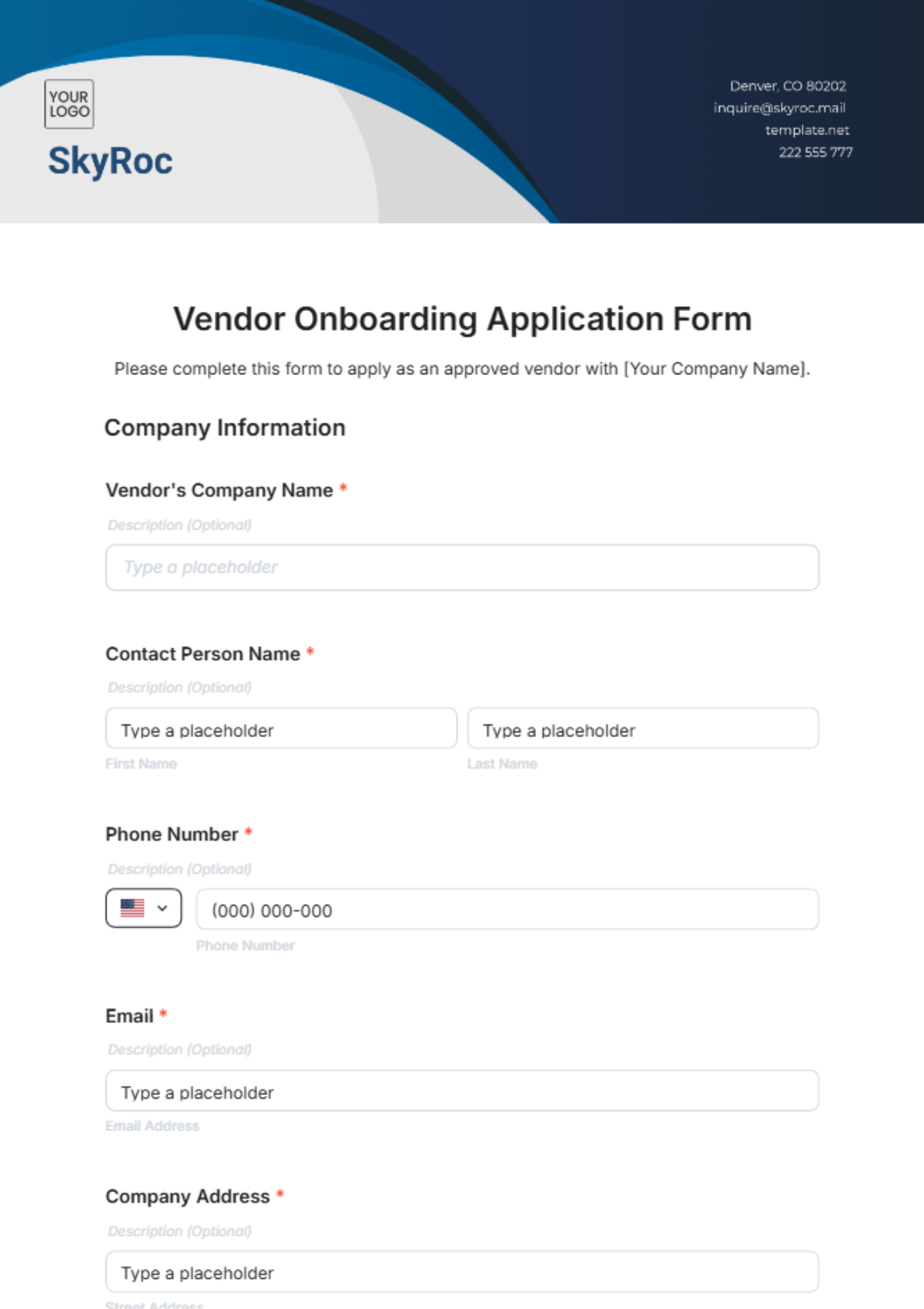 Free Vendor Onboarding Application Form Template to Edit Online