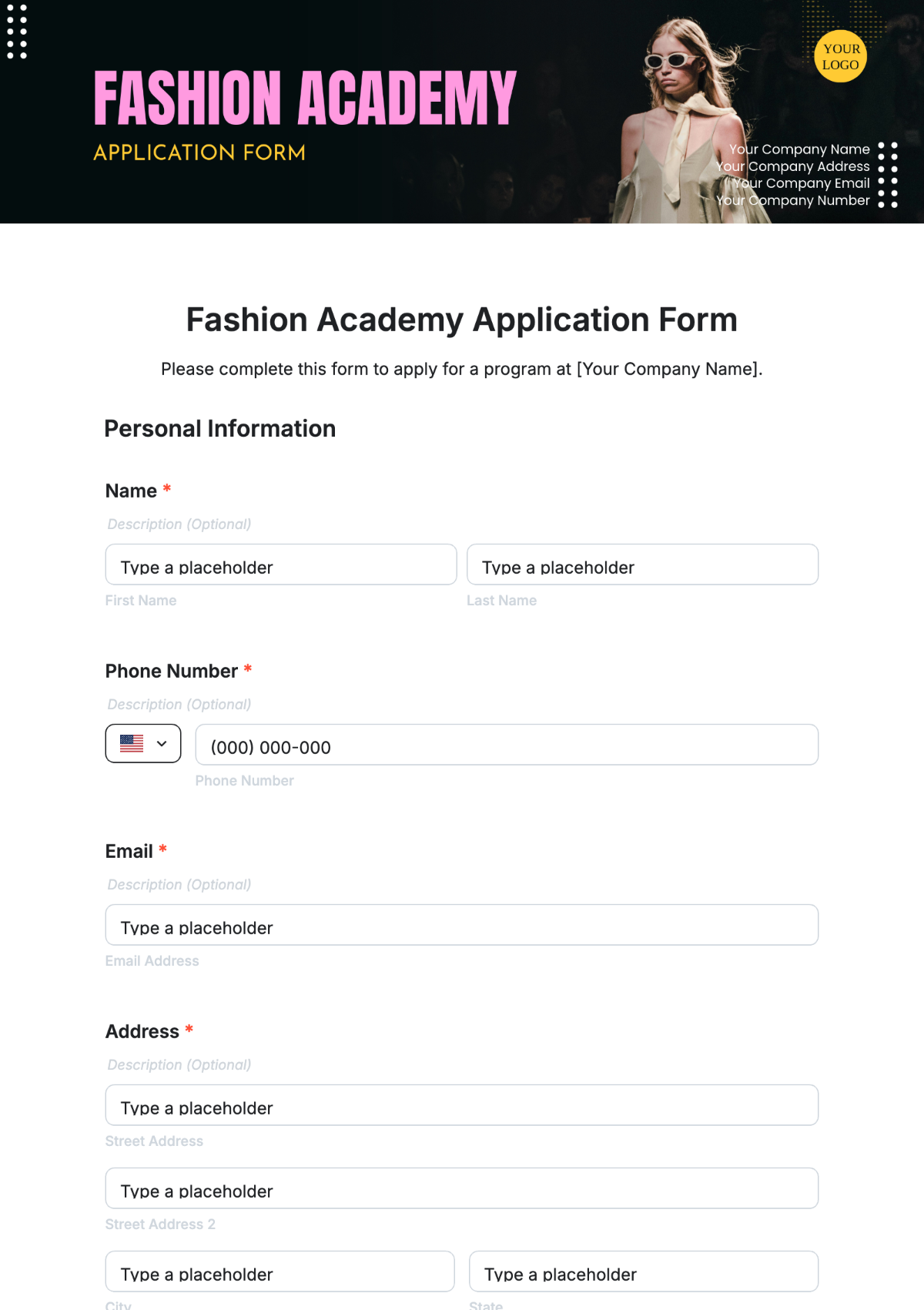 Fashion Academy Application Form Template - Edit Online & Download