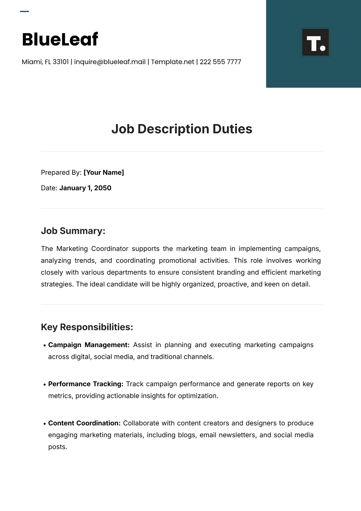 Job Description Duties Template - Edit Online & Download