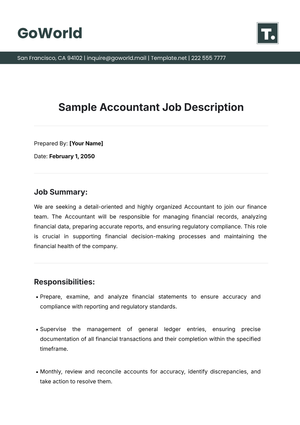 Sample Accountant Job Description Duties Template - Edit Online & Download