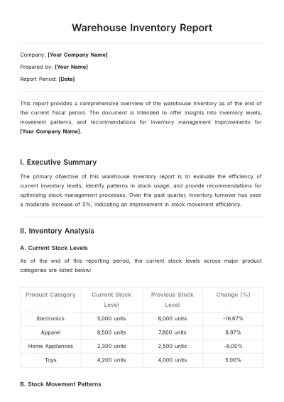 Free Warehouse Inventory Report Template to Edit Online