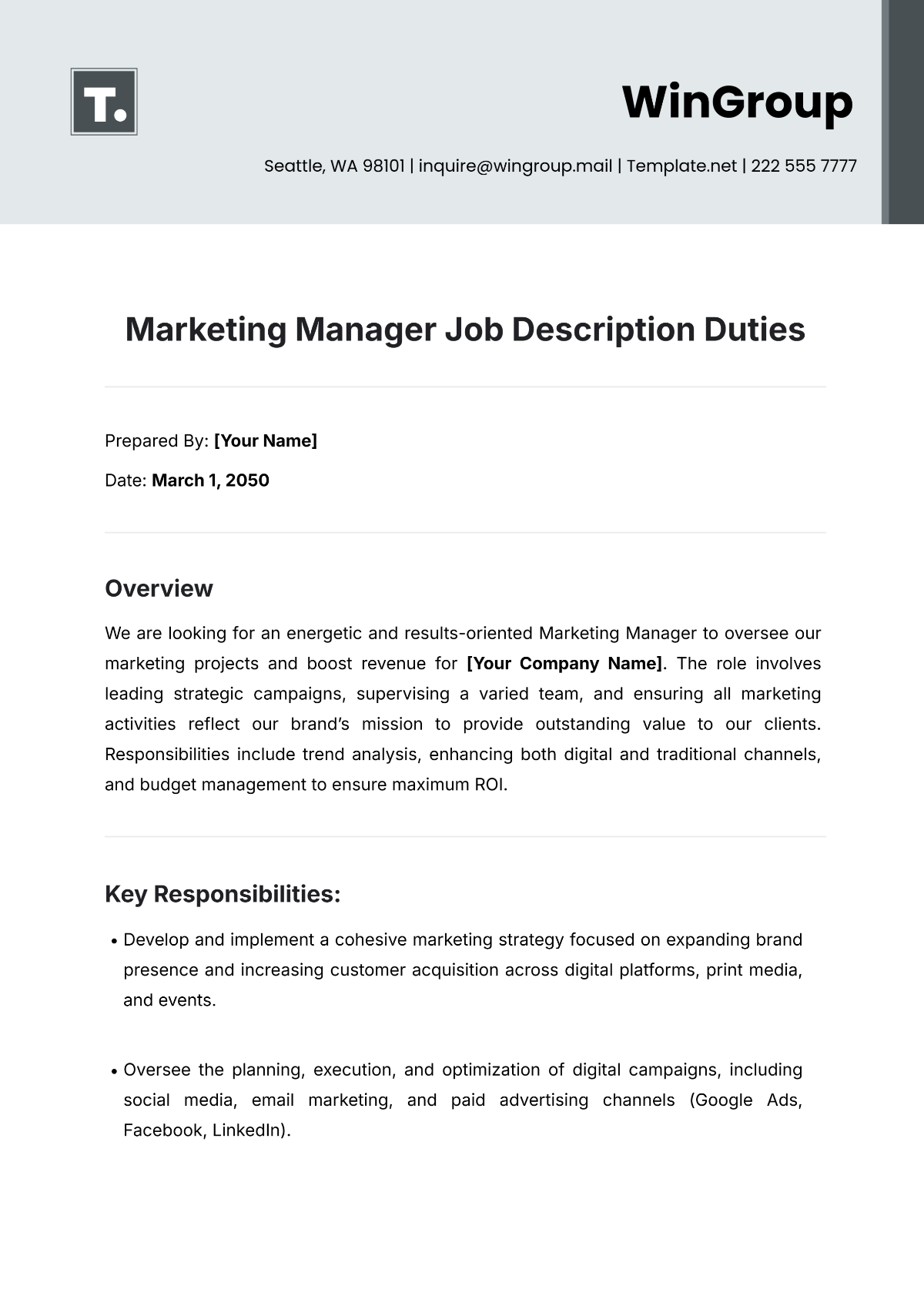 Marketing Manager Job Description Duties Template - Edit Online & Download