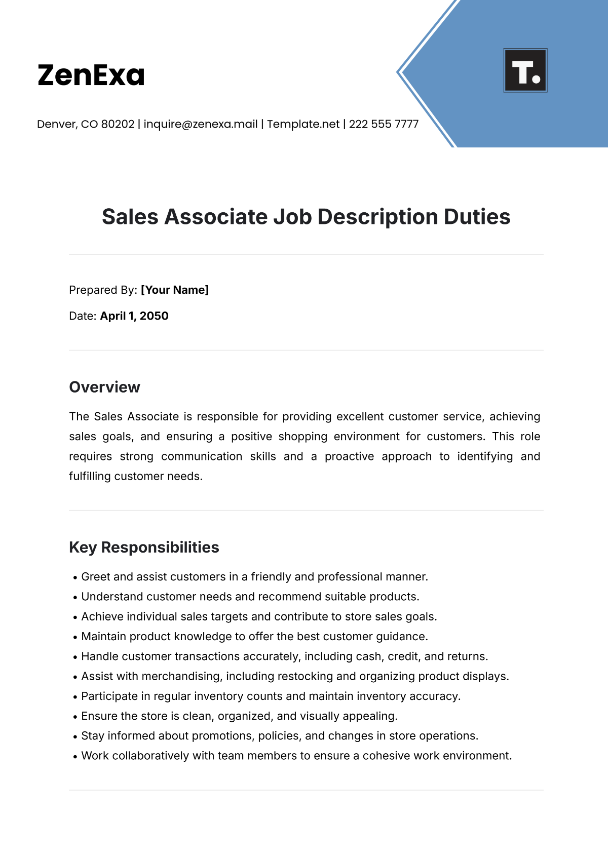 Sales Associate Job Description Duties Template - Edit Online & Download