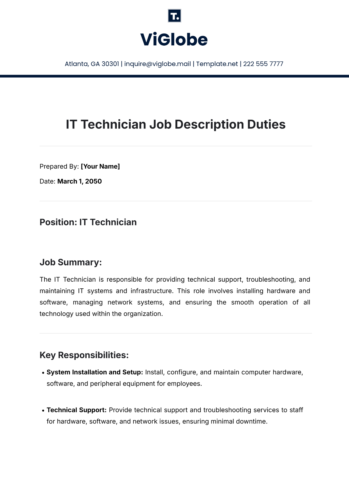 IT Technician Job Description Duties Template - Edit Online & Download