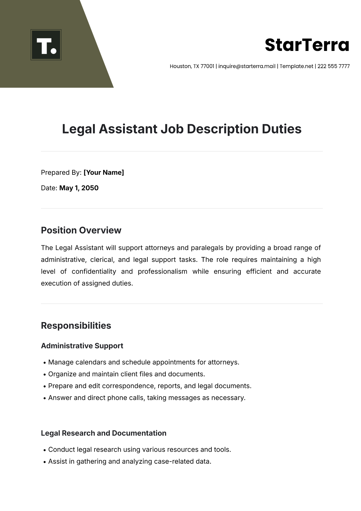 Legal Assistant Job Description Duties Template - Edit Online & Download