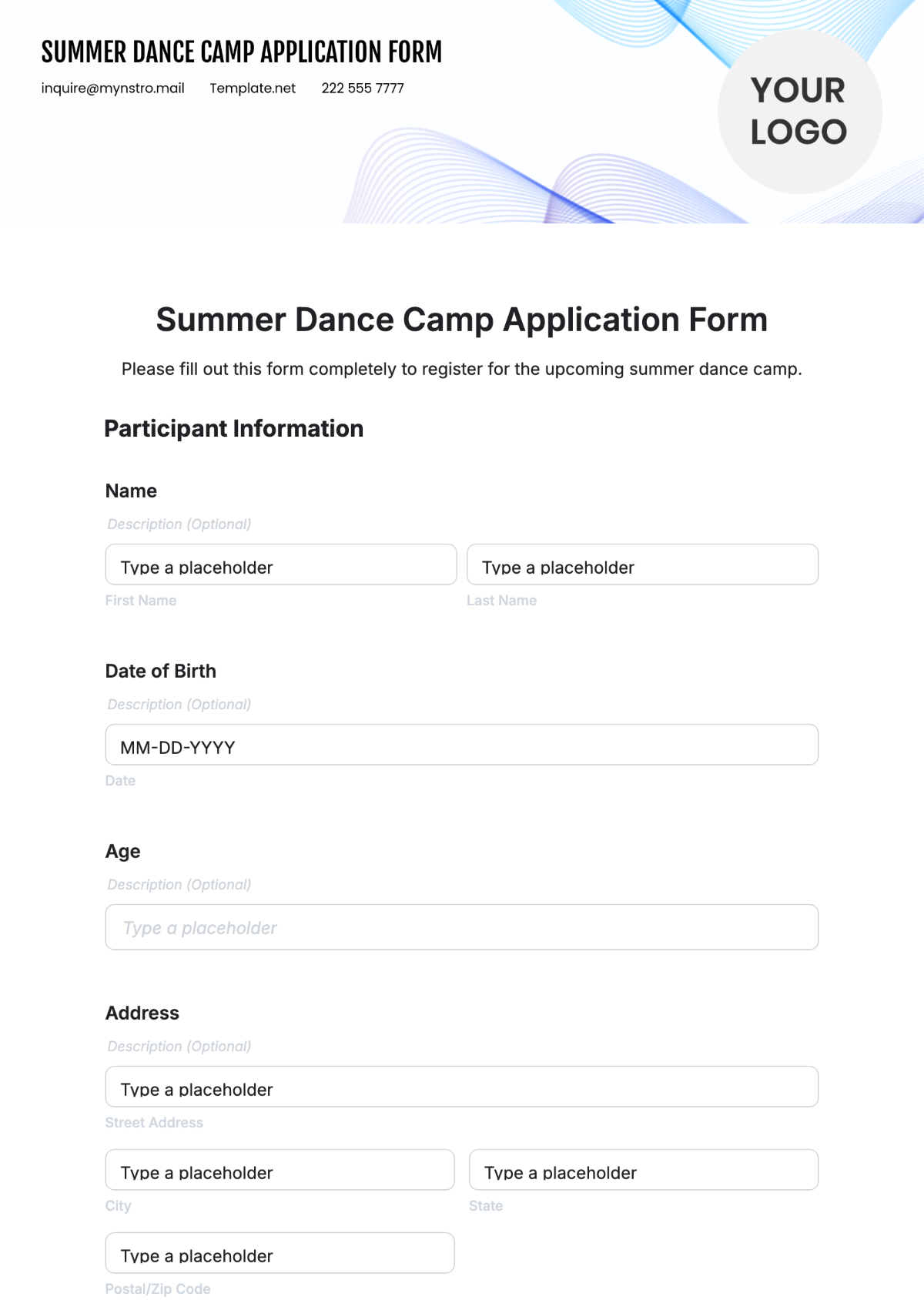 Summer Dance Camp Application Form Template - Edit Online & Download