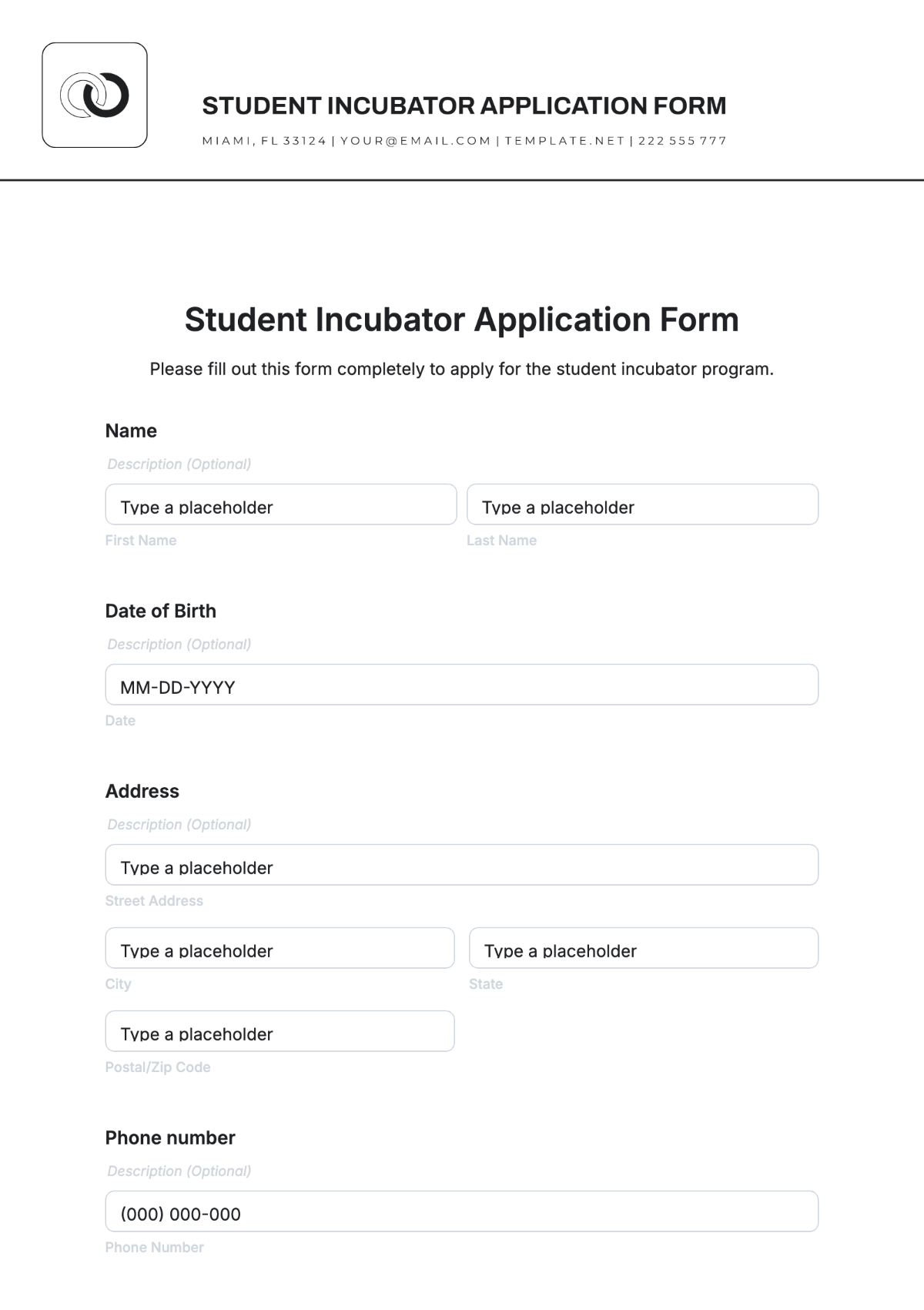 Student Incubator Application Form Template - Edit Online & Download