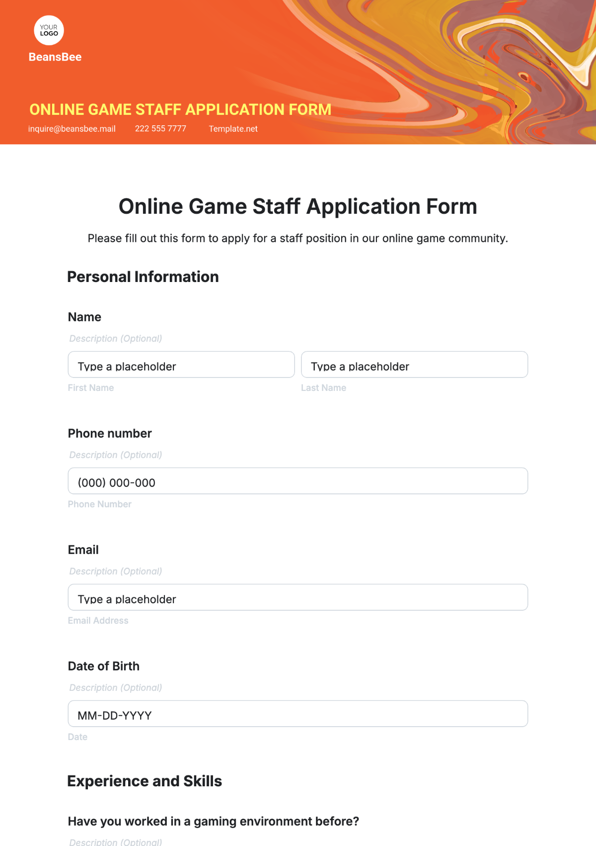 Online Game Staff Application Form Template - Edit Online & Download