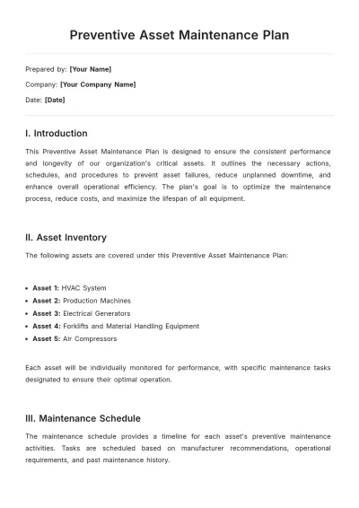 Free Preventive Asset Maintenance Plan Template to Edit Online