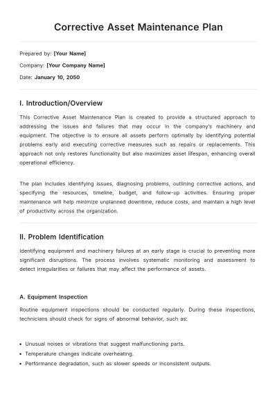 Free Corrective Asset Maintenance Plan Template to Edit Online