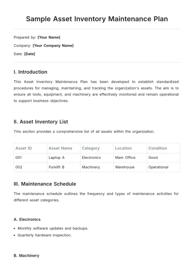 Free Sample Asset Inventory Maintenance Plan Template to Edit Online