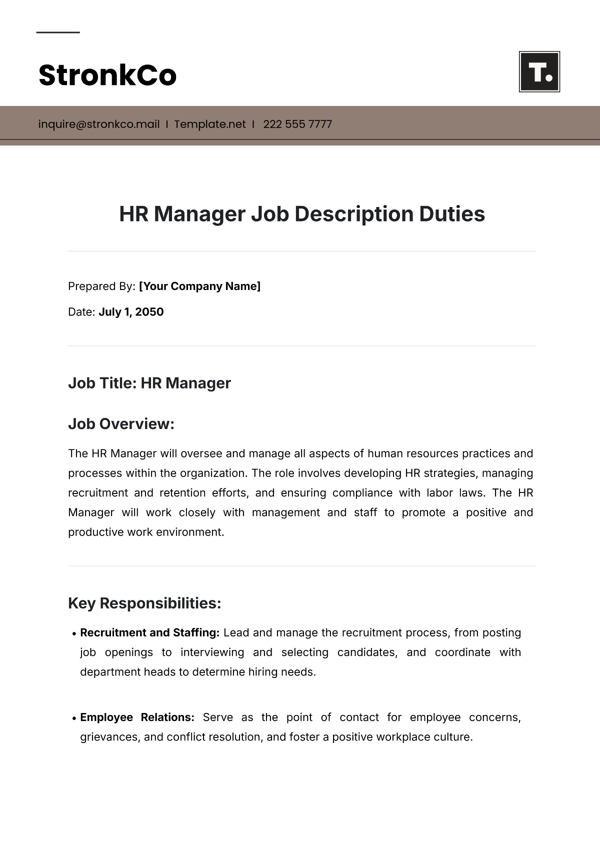 HR Manager Job Description Duties Template - Edit Online & Download