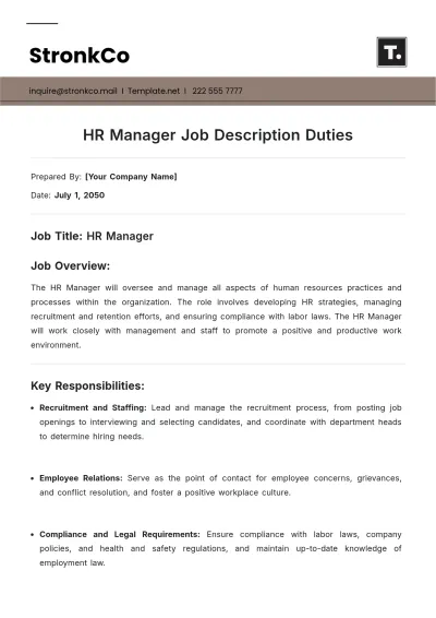 Free HR Manager Job Description Duties Template to Edit Online