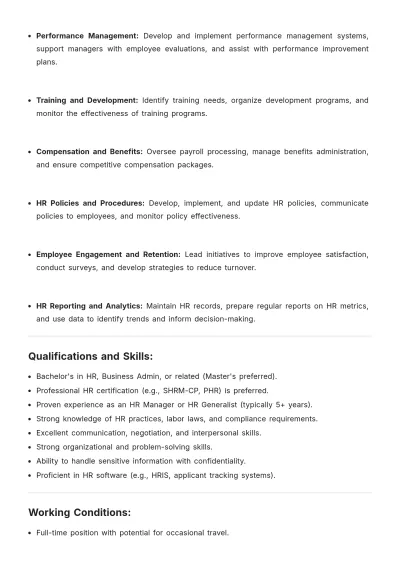 Free HR Manager Job Description Duties Template to Edit Online