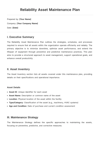 Free Reliability Asset Maintenance Plan Template to Edit Online