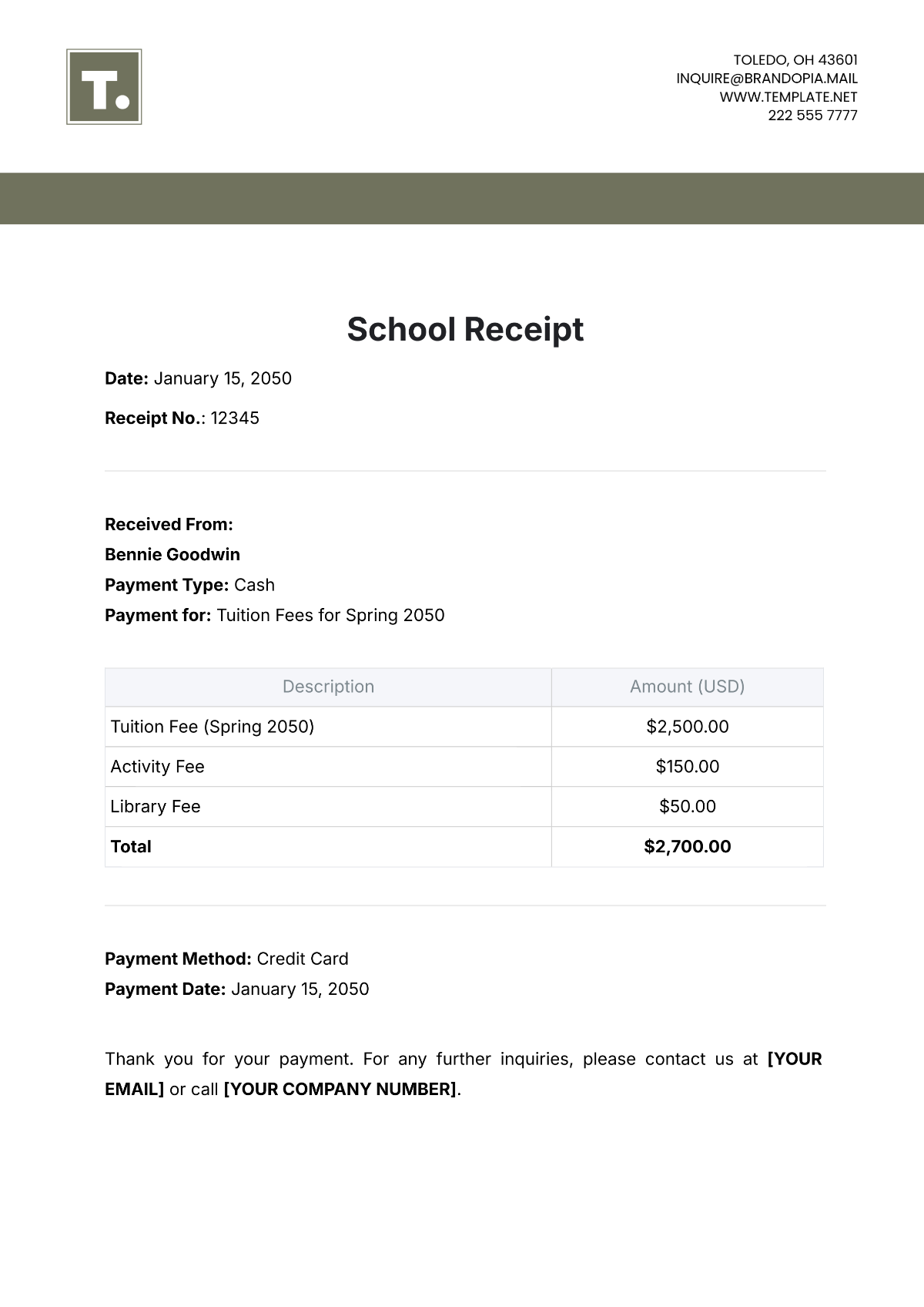 Free School Receipt Template to Edit Online