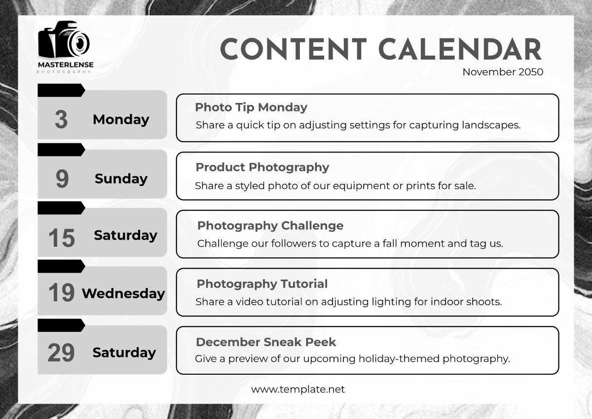 Photography Content Calendar